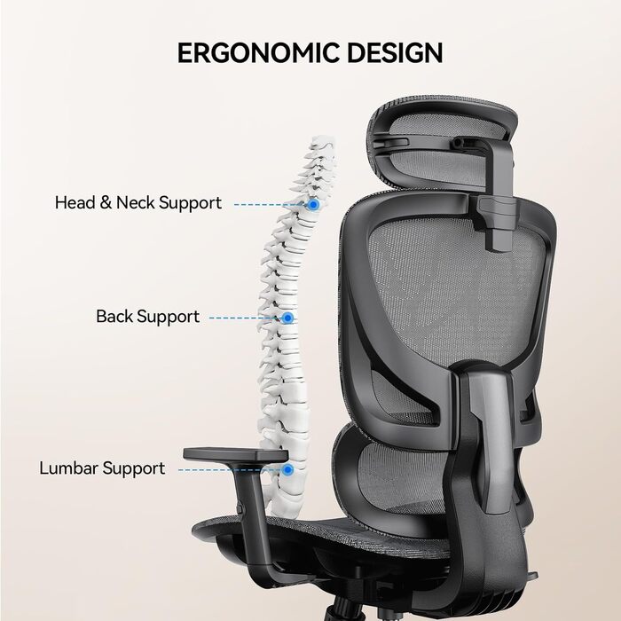 Офісний стіл Noblewell з високою спинкою, комп'ютерне крісло з сітчастої тканини з підтримкою попереку, 3D-підлокітники, подвійна спинка та регульована підголівник