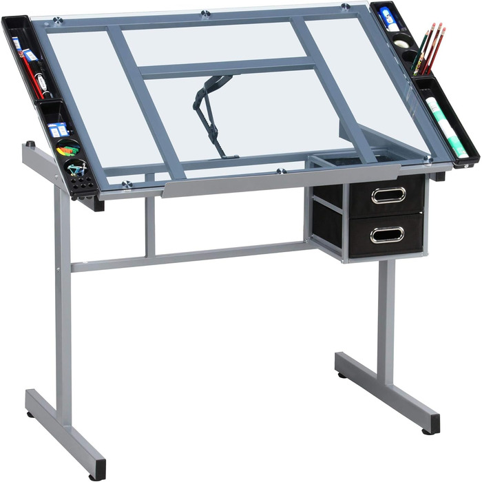 Yaheetech Adjustable Drafting Table - Tilting Glass Top Desk for Architects, Artists & Painters - 90cm x 60cm