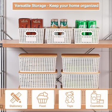 UHAPEER Storage Box with Bamboo Lid, 6 Piece Storage Basket, Plastic Basket Storage, Kitchen Organizer White, Stackable Storage Boxes, Box with Lid 25.6 x 18 x 10.7 cm