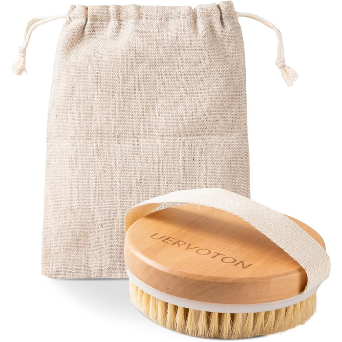 Щітка для пілінгу Uervoton, суха щітка з натуральної щетини Tampico, для проблемної шкіри, целюліту та набряків, покращує кровообіг завдяки пілінгу (з сумкою для зберігання) 1 шт. з сумкою