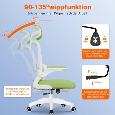 Ергономічне крісло для офісу з регульованою підголівником, підтримкою попереку та відкидними підлокітниками, крісло для начальника, 150 кг, функція гойдання до 135° (Зелений, Модель 2)