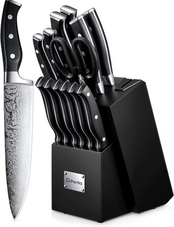 D.Perlla Self-Sharpening Knife Block Set - 14 Piece Stainless Steel Knife Set with Plastic Handle & Wood Block - Professional Kitchen Knife Set