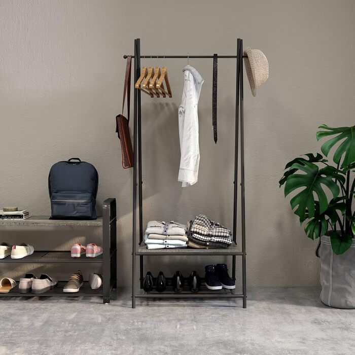 Coat rack, clothes rack, wardrobe with shoe storage, metal frame, for hallway, living room and veranda, retro-industrial clothes rack, 64cm x 41cm x 162cm, (Grey)