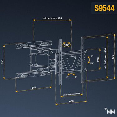 Кріплення для телевізора RICOO S9544: поворотне та нахильне, для телевізорів 40-65 дюймів, VESA 400x400, до 45 кг, універсальне, пласке, curved