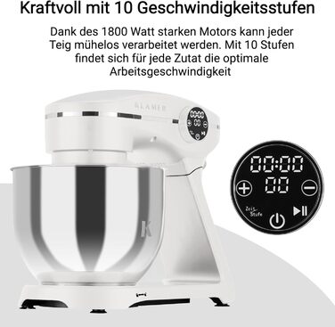 KLAMER 1800W Stand Mixer - Stainless Steel Bowl 6L, 10 Speed Settings, Timer, Planetary Mixing, Dough Hook, Whisk & Beater - White