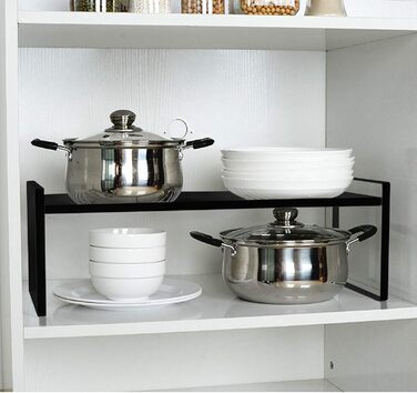 KZOBYD Expandable Kitchen Shelf, Foldable Kitchen Cabinet Shelf Spice Rack Organizer for Dishes and Supplies Stackable Kitchen Storage Organizer for Extra Storage Space (White, ) (Black, M)