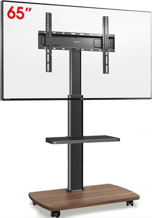 AOKCOS Rolling TV Stand with Wood Shelf - Adjustable Height & Swivel - VESA 400x400 - Holds 32-65 Inch TVs up to 40kg