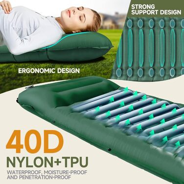 BLUEVER Self-Inflating Camping Mat with Foot Pump, 14cm Thickened Sleeping Pad with Pillow for Hiking, Tent, Outdoor, Beach, Travel - Green