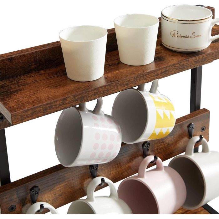 Vintage Mug Holder with 8 Hooks, Coffee Cup Holder for Kitchen Countertop, Cup Stand with Storage Bottom, for Kitchen Dining Room Cafe 40 x 15 x 40 cm, Vintage Brown TBJ002H