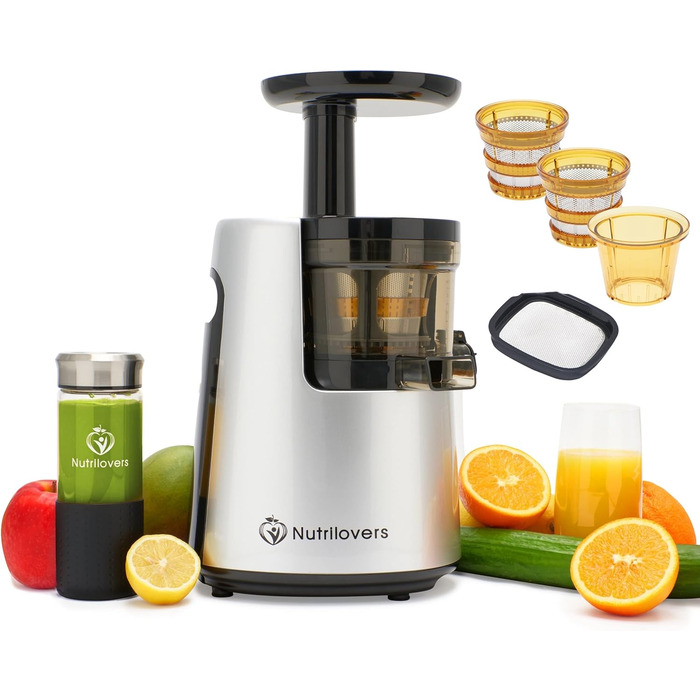 Соковитискач Nutrilovers NUTRI-PRESS MAX для цілих фруктів, холодного віджиму, шнековий, BPA-free, з широкою горловиною 135 мм, у комплекті пляшка та книга рецептів