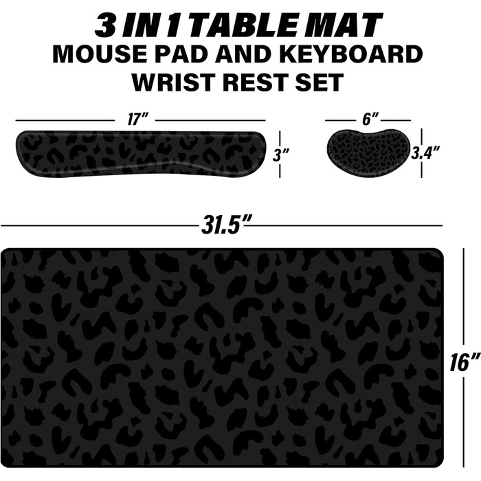 Килимок для миші 3-в-1 з підставкою для зап'ястя та клавіатури, 80x40 см, антиковзаюча основа, чорний леопардовий принт, для геймерів, дому та офісу