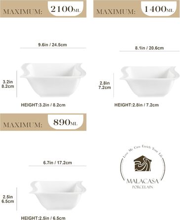 MALACASA Набір мисок для мюслі та супу, 4 шт., кераміка, 800 мл, 2100 мл, 1400 мл, 890 мл (білий)