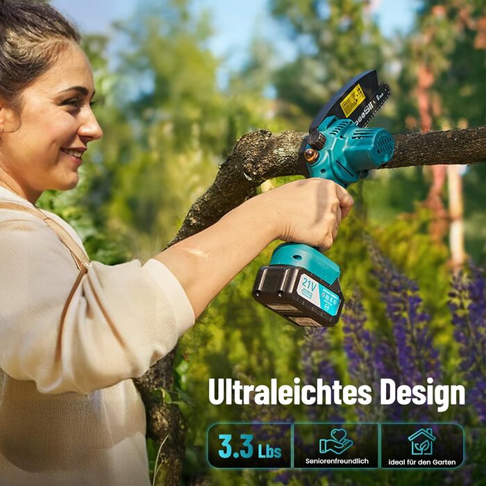 Акумуляторна міні-пила SEESII 6 дюймів з автоматичною подачею оливи та запасним ланцюгом | Акумуляторна ланцюгова пила для саду, стрижки гілок та різання деревини