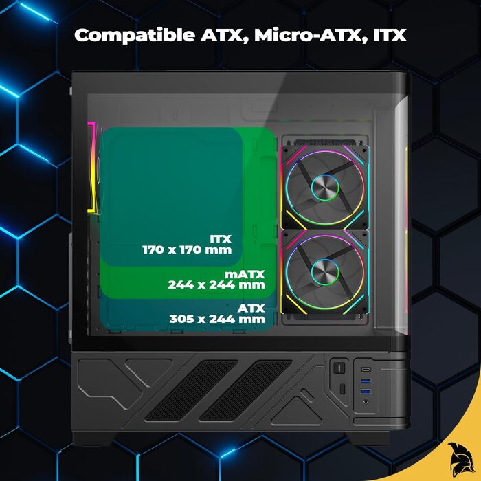 Корпус для ПК Empire Gaming ECM252 Mid Tower з цифровим дисплеєм (температура CPU/GPU, RPM) - 3 ARGB вентилятори - ATX/Micro-ATX/ITX - USB C (Чорний)