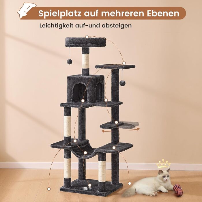 Кігтеточка для котів MSmask велика, багатоповерхова з платформами, печерами та гамаком, обтягнута сизалем (темно-сіра)
