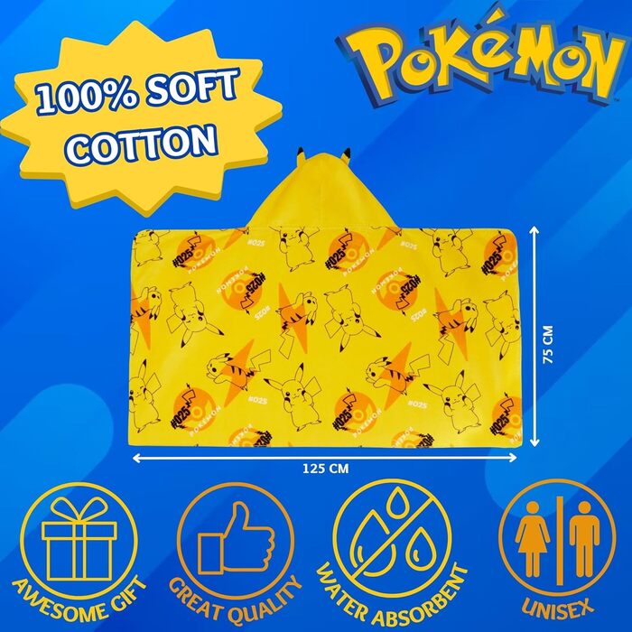 Pikachu Hooded Towel 100% Cotton Kids 3D Ears Costume Pikachu Poncho Beach Towel Swim Towel