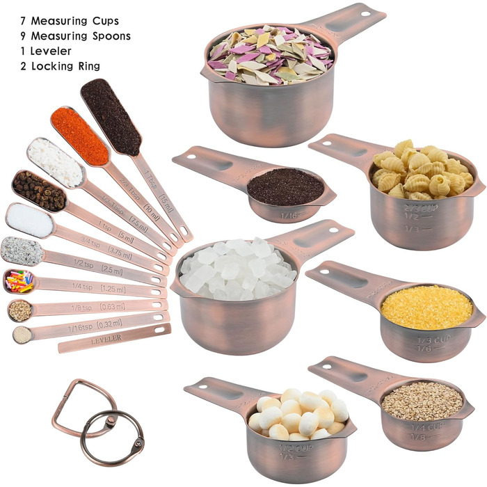 Measuring cup and spoon set, 18/8 stainless steel, measuring cups and spoons, metric and US measuring tool set, durable, 7 cups and 9 spoons, 1 leveler for baking and kitchen