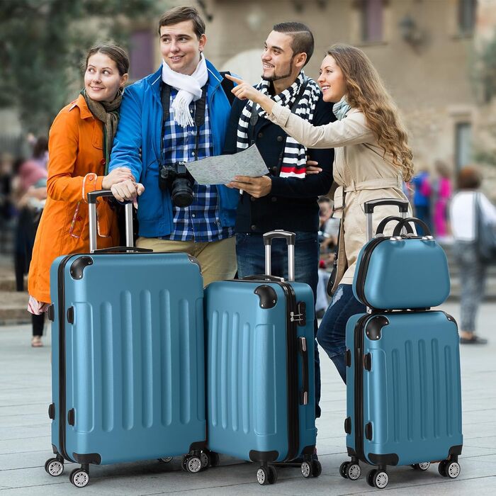 Набір валіз LEADZM 4 шт. з косметичкою, посилені кути, ABS, телескопічний ручка, ручна поклажа (Чорний, Navyblau, смугастий)