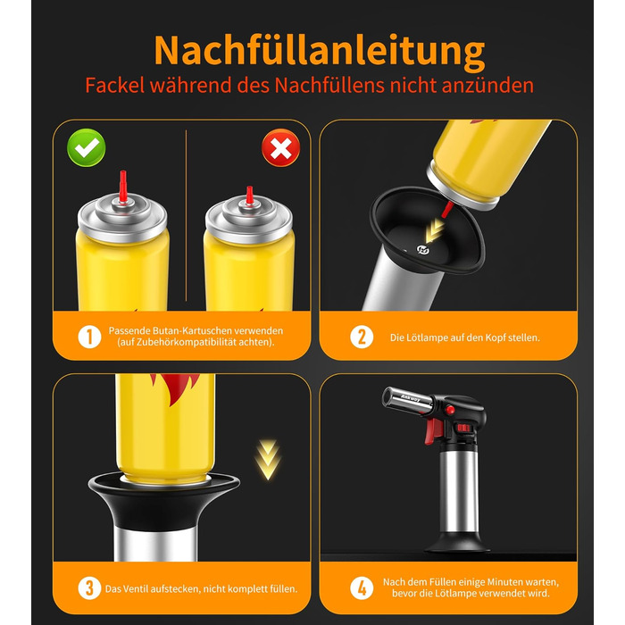 Пальник Бусен для приготування крем-брюле, приготування їжі, кемпінгу, кулінарії та хобі, сріблястий (бутан не входить до комплекту)