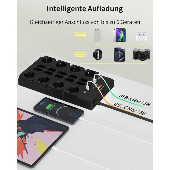 Многорозетка на 18 розеток з USB (4 USB-A, 2 USB-C), мережевий фільтр, 3680W, 2100J, 2 м кабель, для офісу та дому