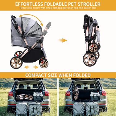 Візок для собак DWVO 3-в-1: візок, переноска, сумка. До 22 кг, EVA-колеса, сітчасті вікна, сірий (58.5x76x105cm)