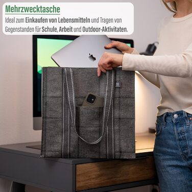 VENO 34 Liter Large Shopping Bag Foldable with Sturdy Bottom and Front Pocket, Reusable Shopping Bags Water-Resistant Shopping Basket for Shopping Picnic (Black Windowpane, 4-Pack)