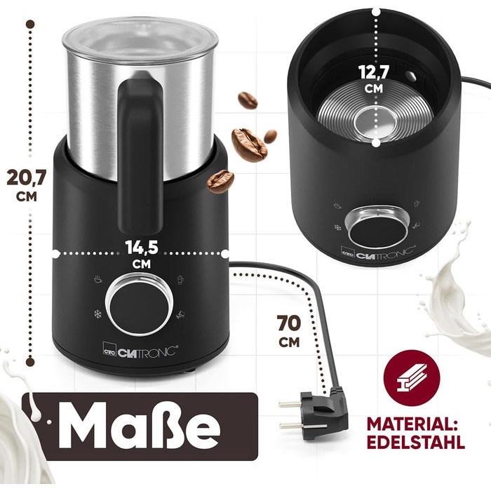 Електричний пінозбивач Clatronic® MS 3812 | з нагріванням | для теплого та холодного пінo | 740 мл | Чорний-inox | Модель 2024