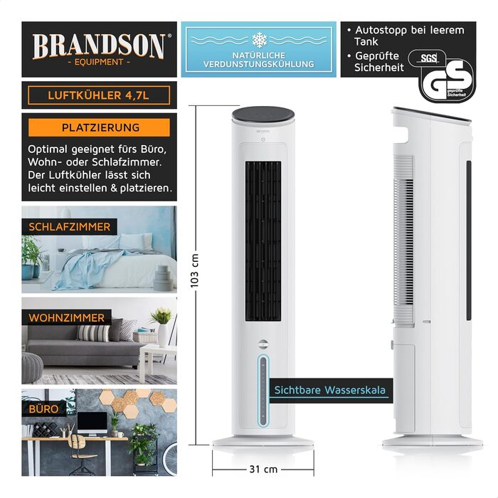 Brandson Вентилятор з водяним охолодженням 5-в-1: Повітряний охолоджувач, мобільний кондиціонер без шланга, тихий, 4.7л, білий (102 см)