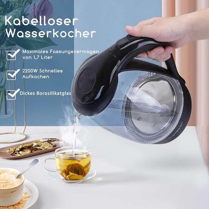 Електричний чайник Aigostar Adam 2 шт., 1.7 л, 2200 Вт, зі скляною колбою, LED-підсвічуванням, без BPA, з фільтром від накипу, чорний