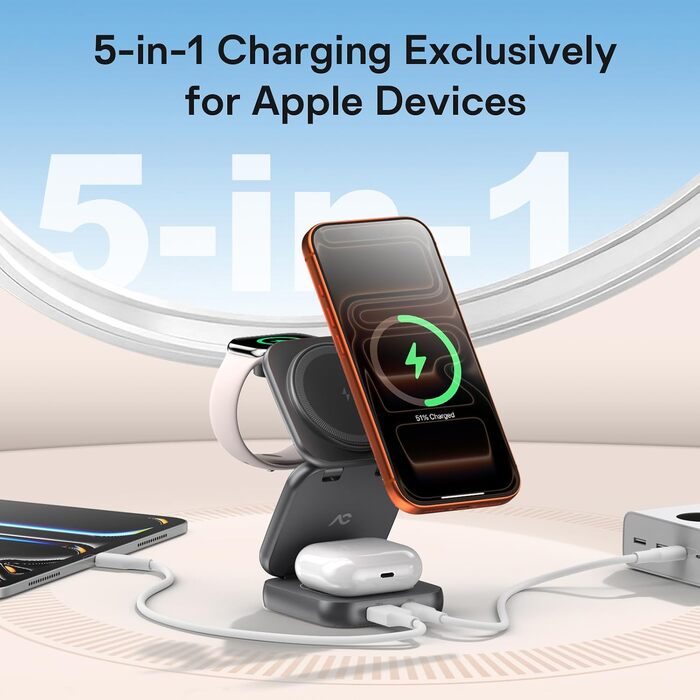 Бездротова зарядна станція AC Island 5 в 1 для iPhone 17/16/15/14/13/12, Apple Watch Ultra/11 та AirPods Pro, сумісна з MagSafe, складана, сіра (з адаптером 35W)