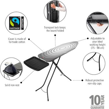 Гладильна дошка Brabantia Bügelbrett B для парогенераторів, 124 x 38 см, чорна, з металевим підставкою та регулюванням висоти