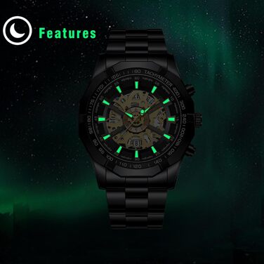 Чоловічий годинник з датою, світяться, 3ATM, водонепроникний, аналоговий кварц, з календарем, тахіметром, з нержавіючої сталі, чорний/золотий