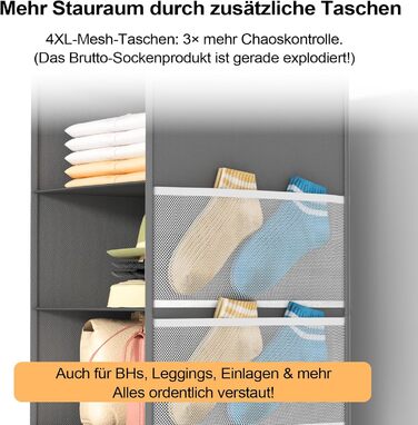 Організатор для шафи Extra Tief – 4 кишеньки з сітки, органайзер для шафи, настінний органайзер, стабільний та економний, ідеальний для гуртожитку та автодому (Сірий, 6-ярусний)