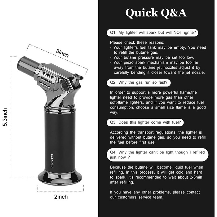 Вітростійка запальничка PIPITA з блокуванням безпеки, регульоване полум'я, одноразове, заправне, для кемпінгу, кулінарії, крему брюле (без газу)