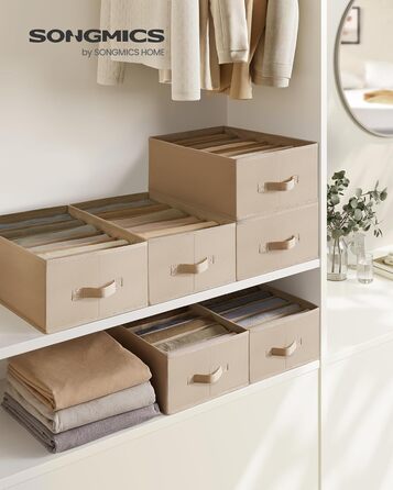 SONGMICS Closet Organizer 6-Piece Set, Storage Box with 6 Compartments, Drawer Organization System, Folding Storage Boxes, 42 x 30 x 17 cm, for Pants, Clothes, RUS009G03 (Sand Beige)