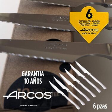 Набір ножів для стейку Arcos, 6 шт, нержавіюча сталь, лезо 110 мм, моноблочна ручка, можна мити в посудомийці, екологічна упаковка
