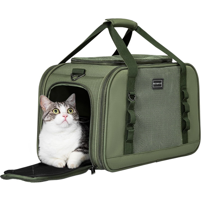Транспортна переноска для кота та собаки Petsfit - міцна, дихаюча, з ковдрою та ручкою-телескопом, оливковий (49x23x28 см)