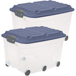 Rotho Roller 6 2-Piece Storage Box Set, 57L with Lid and Wheels, Plastic (Not applicable, Blue/Transparent)