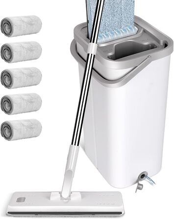 Набір для миття підлоги з відром, Masthome - компактний моп та відро з віджиманням, 3 мікрофібрових насадок та нержавіюча ручка, 2 в 1, для дерев'яних, плиточних та мармурових підлог (білий)