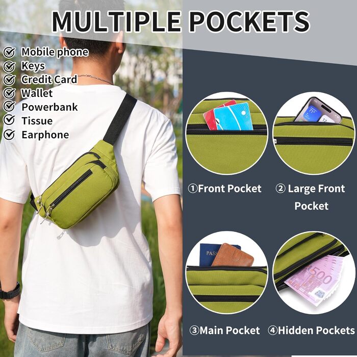 Поясна сумка на пояс, унісекс, зелена. Сумка через плече, для подорожей, прогулянок з собакою, чоловіча та жіноча. Довжина ремінця 60 см