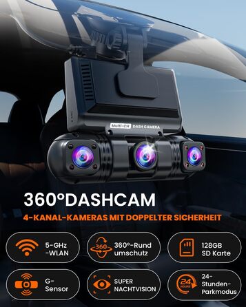 Автомобільний відеореєстратор 360° 4-канальний 2K+1080P, бездротовий з Wi-Fi та додатком, G-сенсором, 8 ІЧ-LED для нічної зйомки, карта пам'яті 128GB у комплекті