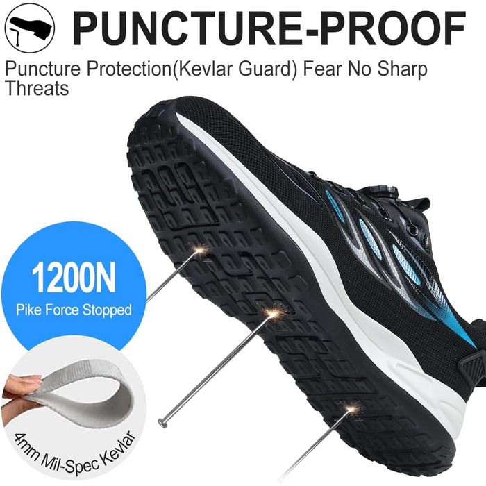 Робочі черевики: безпекові черевики для чоловіків та жінок, легкі, спортивні, дихаючі, зі сталевим підноском, унісекс, розміри 36-46 EU (42 EU, синій, на кнопці)