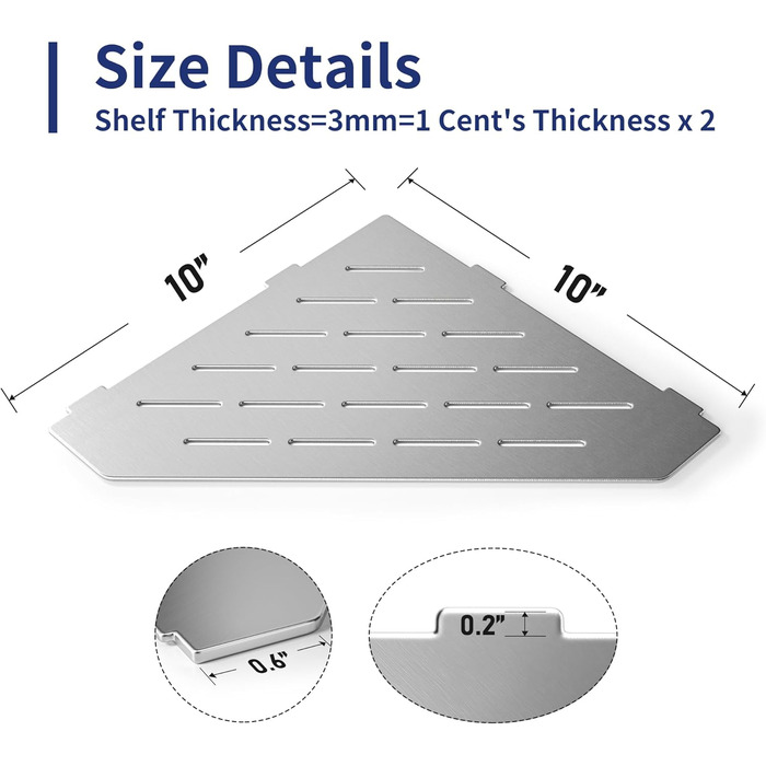 Bernkot Corner Shower Shelf Brushed 304 Stainless Steel 254 mm Recessed Corner Shelf Tiled Wall Shelf Pentagon Shelf for Bathroom Storage No Drilling, 1 Piece, Silver