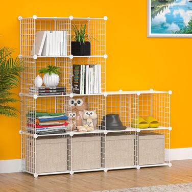 TUMUCUTE Storage Shelf with 9 Cubes, Plastic, Closet, Modular, Bookshelf, Storage Shelves for Bedroom, Living Room, Office, (White Plus Iron, 12 Cubes)