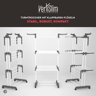 Сушарка для білизни VertiSlim Dry складана, вежа з 4 рівнями, нержавіюча сталь, з колесами та бічними крилами, сіра - для дому та вулиці