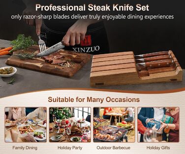 XINZUO Damascus Chef's Knife Set - 67 Layer High Carbon Steel, Professional Gyuto Knife with Rosewood Handle (5-Piece Steak Knife Set)