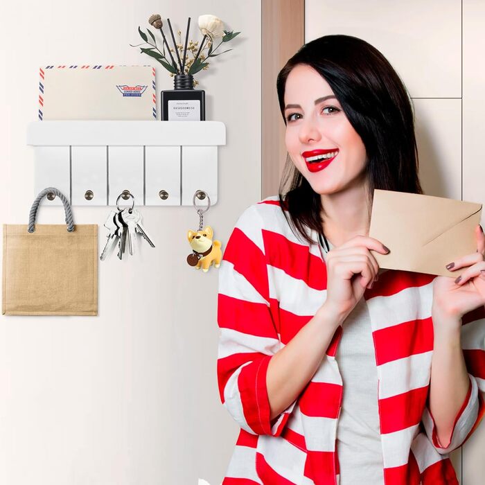 Дерев'яне ключниця з полицею, білий колір, 5 гачків, декоративна настінна полиця для прихожої, кухні, спальні