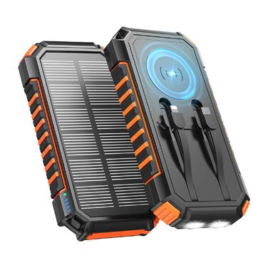 Power Bank ADDTOP 20000mAh сонячна бездротова, портативний зарядний пристрій з 2 кабелями та ліхтариком, для телефону, планшету, кемпінгу, помаранчевий