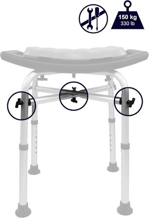 KMINA Shower Stool for Seniors - 150 kg Capacity, Double-Reinforced Crossbar, Cushion, Height Adjustable, Black, Tool-Free Assembly - Made in Europe