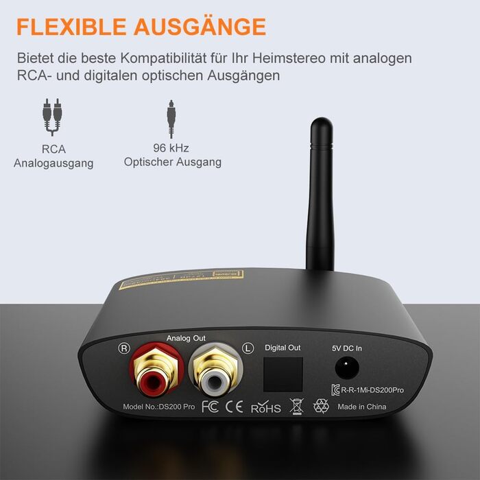 1Mii Bluetooth 5.3 HiFi Аудіоприймач для стереосистеми: Bluetooth адаптер з DAC (384kHz / 32bit), aptX HD, LDAC, оптичний/RCA вихід для AV ресивера або підсилювача (Чорний)